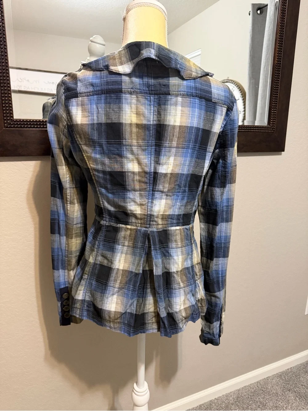 Free People Jacket Womens 6 Blue Plaid Ruffle Peplum Cotton Boho Blazer